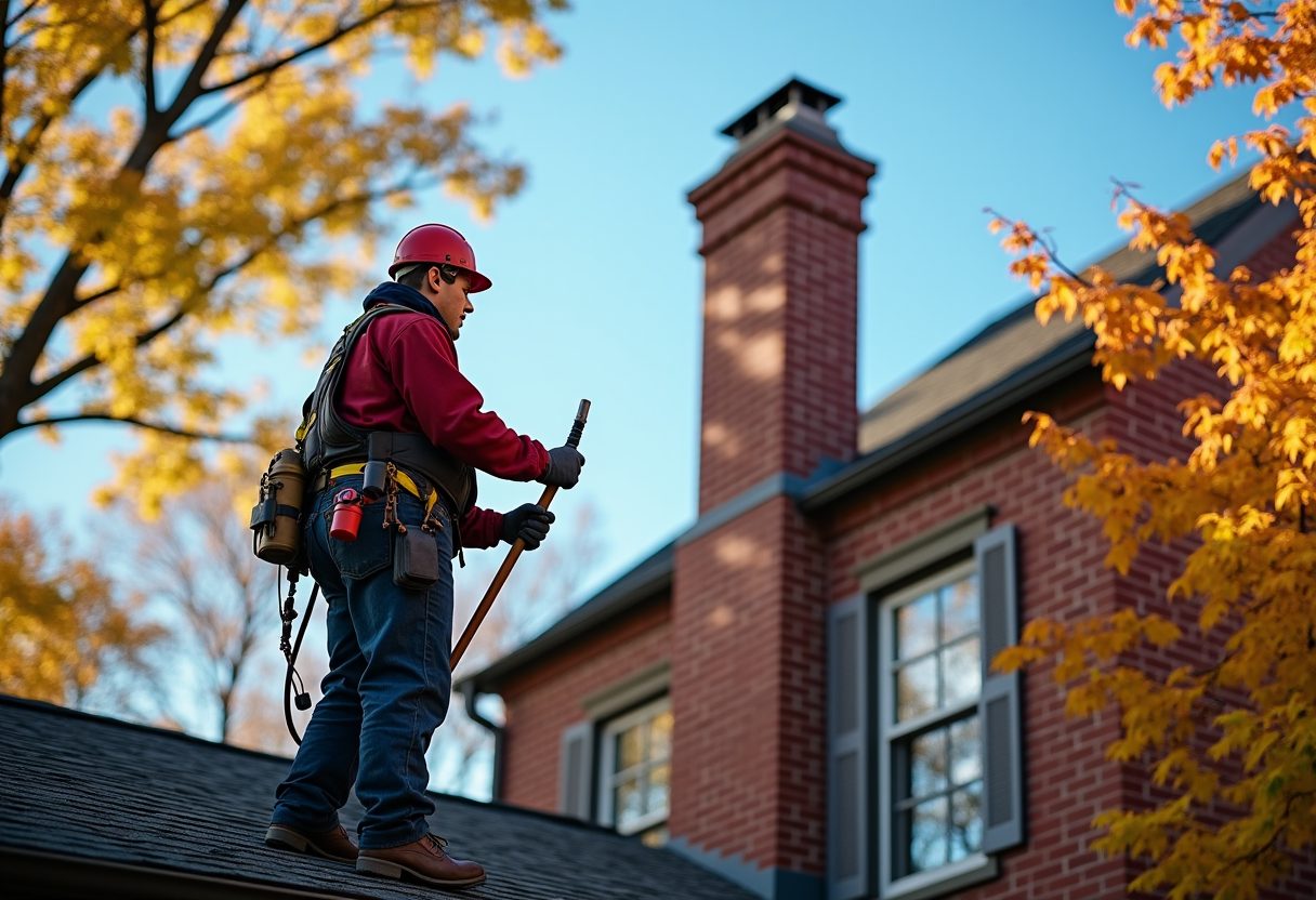 Chimney sweep on the roof of a brick colonial home — Bellevue